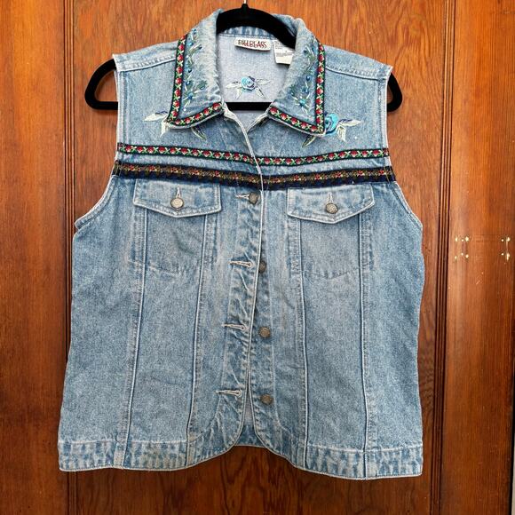 Vintage 90s Bill Blass Embroidered Floral Rhinestone Denim Vest M Cottage Garden - Picture 1 of 13